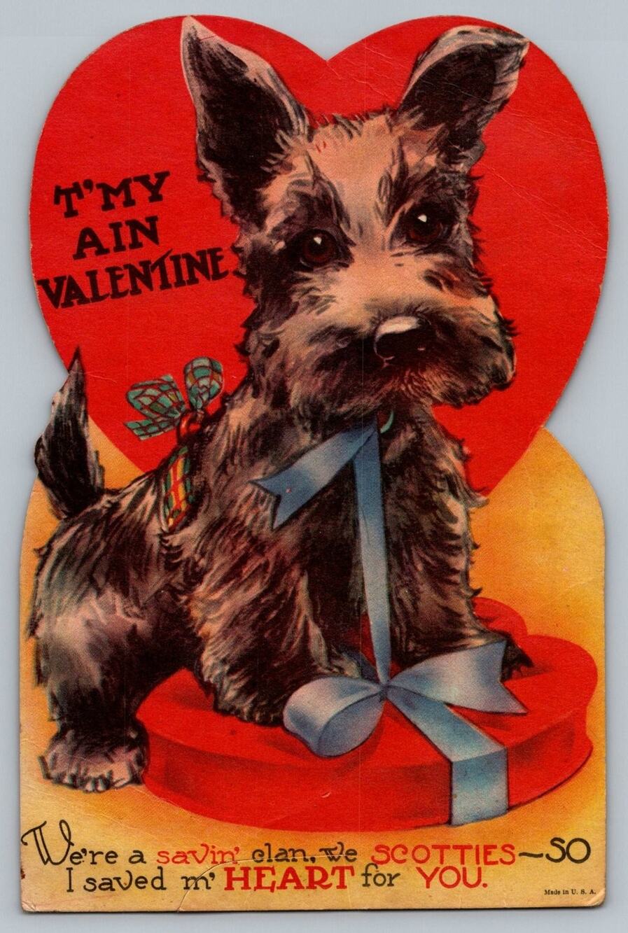 Vintage 1940s Large Scottie Dog Valentine's Day Greeting Card Heart Shaped USA